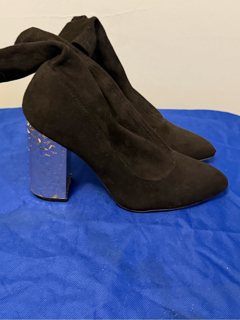 Women’s Black Suede Pointed Toe Block silver metal Heel Ankle Boots